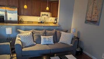 Smart TV, fireplace, video games, DVD player