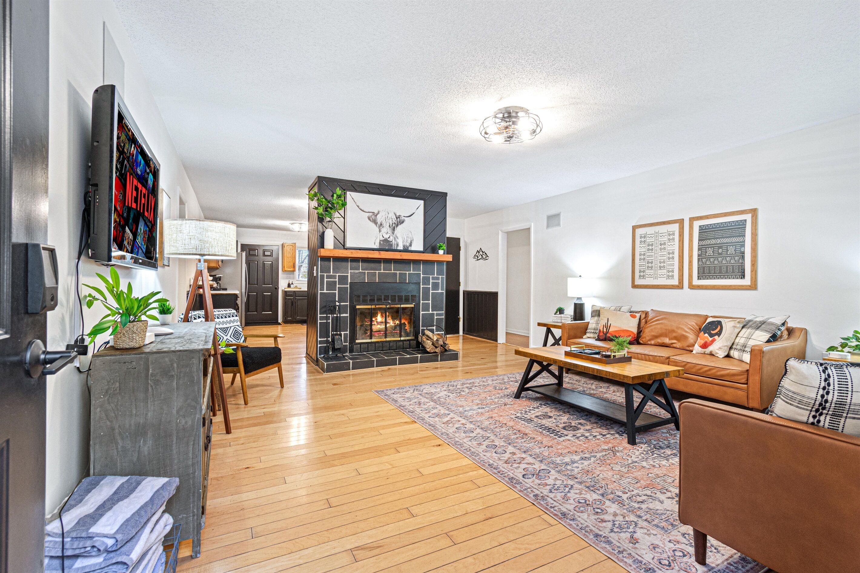 Smart TV, fireplace, video games, DVD player