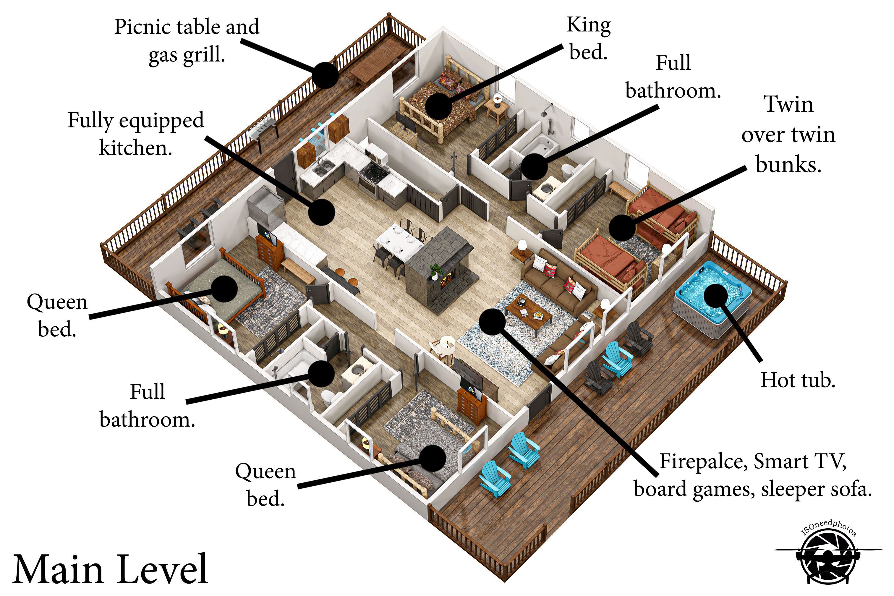 A 3D layout of a main level apartment with a queen bed, king bed, fully equipped kitchen, twin over twin bunks, and a hot tub.