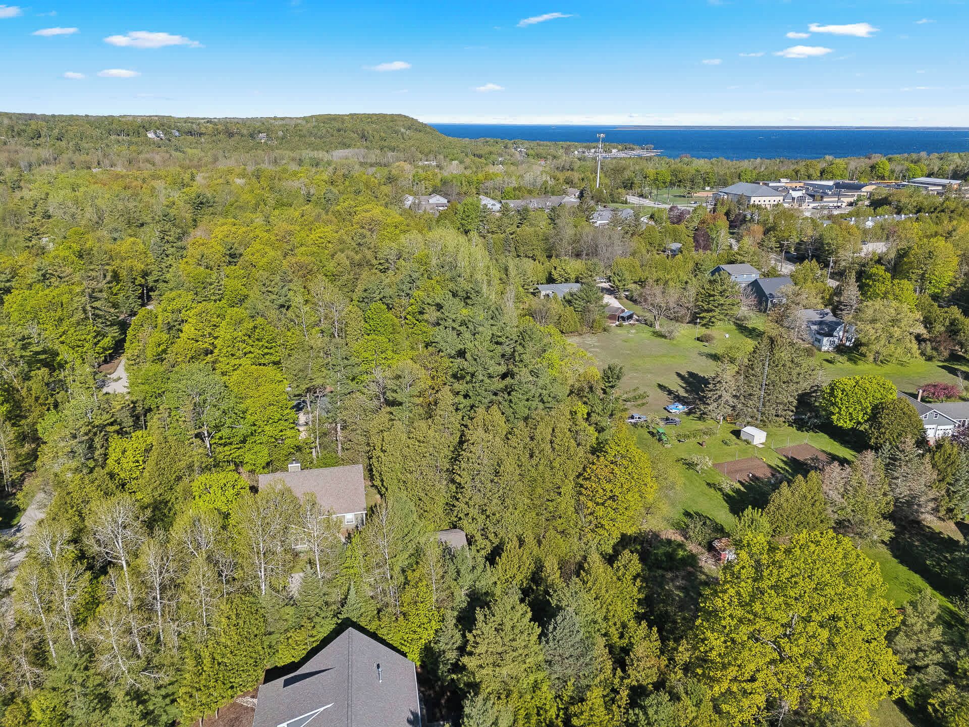 Oversigtsbillede af et boligområde med huse omgivet af tæt skov, en klar himmel og et vandareal i det fjerne.