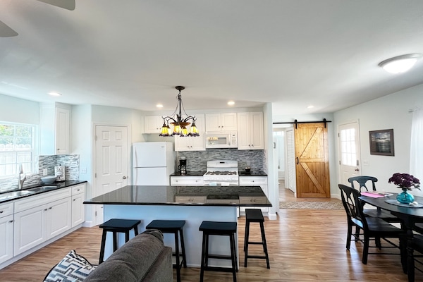 Main living space with kitchen, dining and living room
