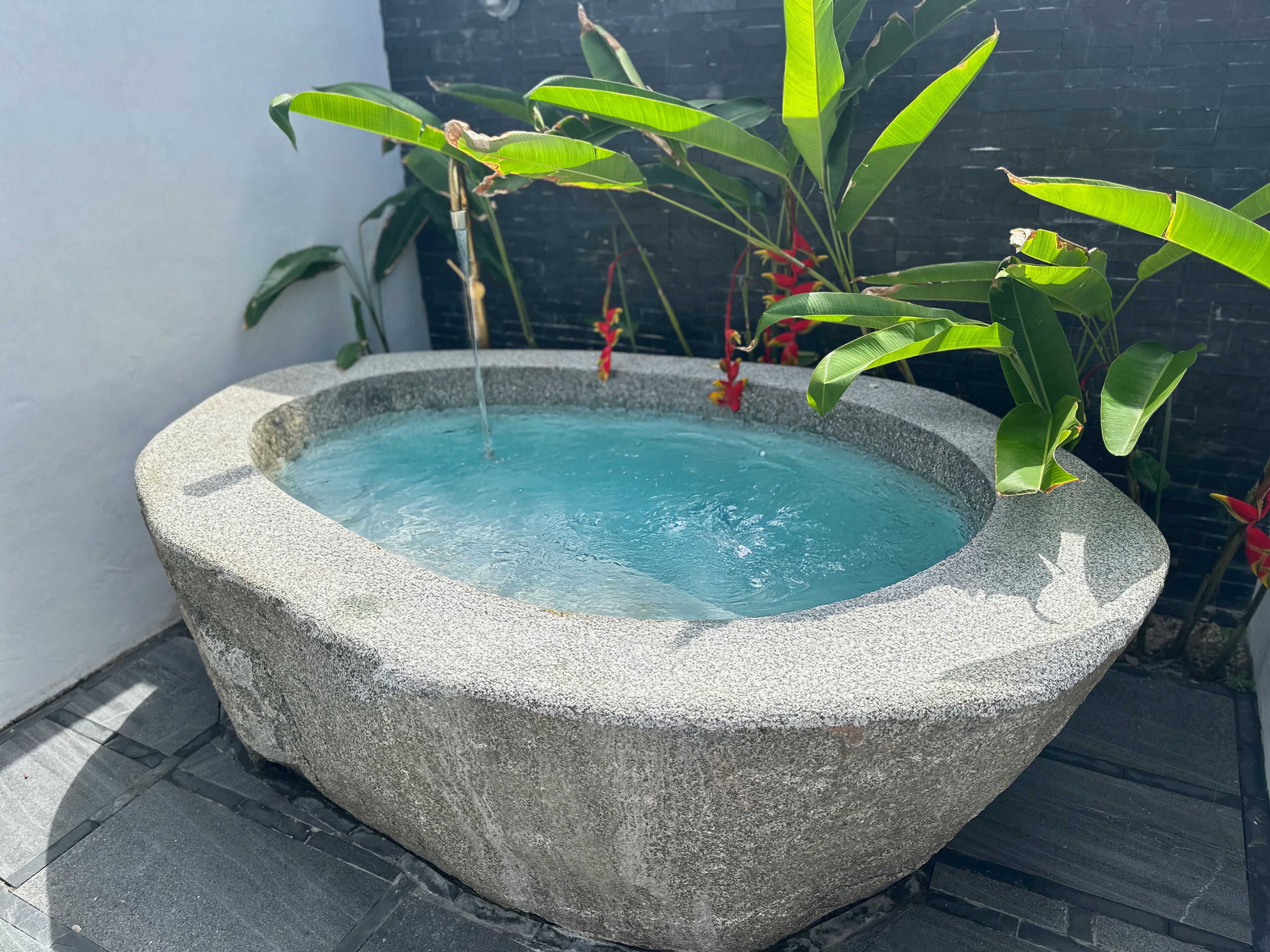 Een stenen hottub gevuld met water, omringd door planten.