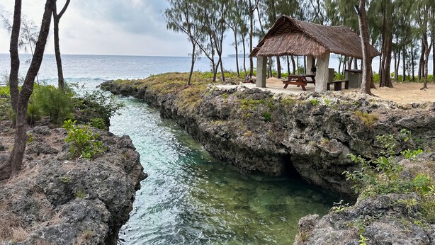 A thatched-roof hut with picnic tables by a rocky coastline with clear water. - Nakatumble (Mele)