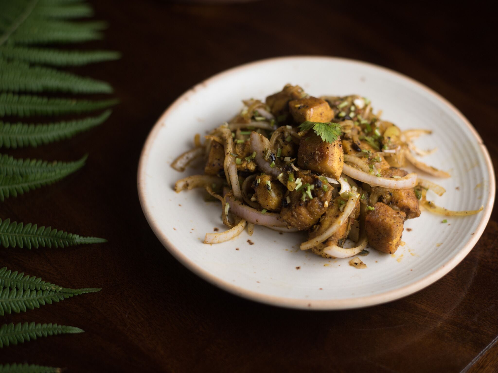 Une assiette de nourriture contenant du tofu et des oignons, le tout présenté sur une assiette blanche.