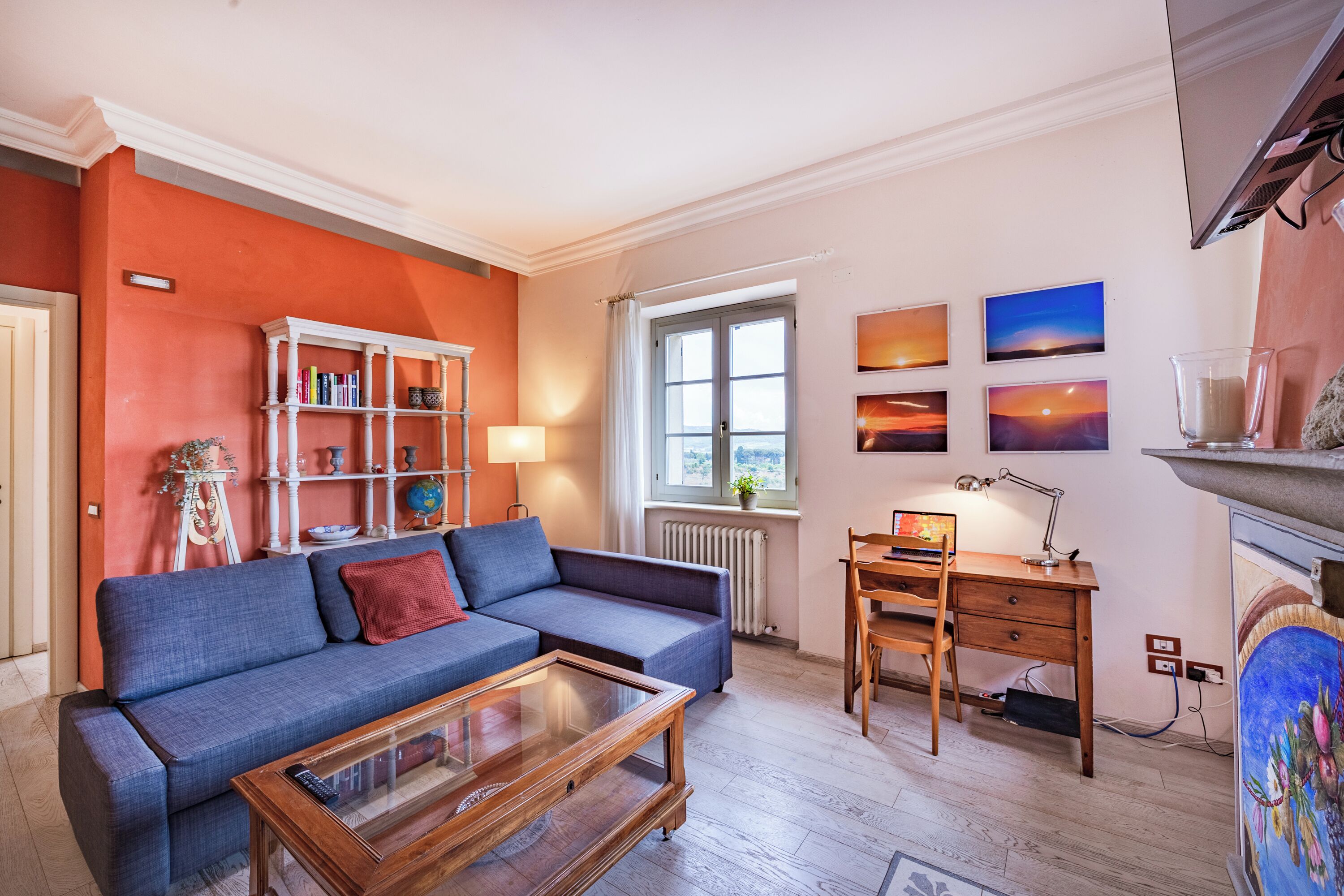 21-inch TV with digital channels, fireplace, video game console