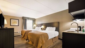 Habitación de hotel con dos camas, un escritorio, televisor, lavamanos y un cuadro en la pared.