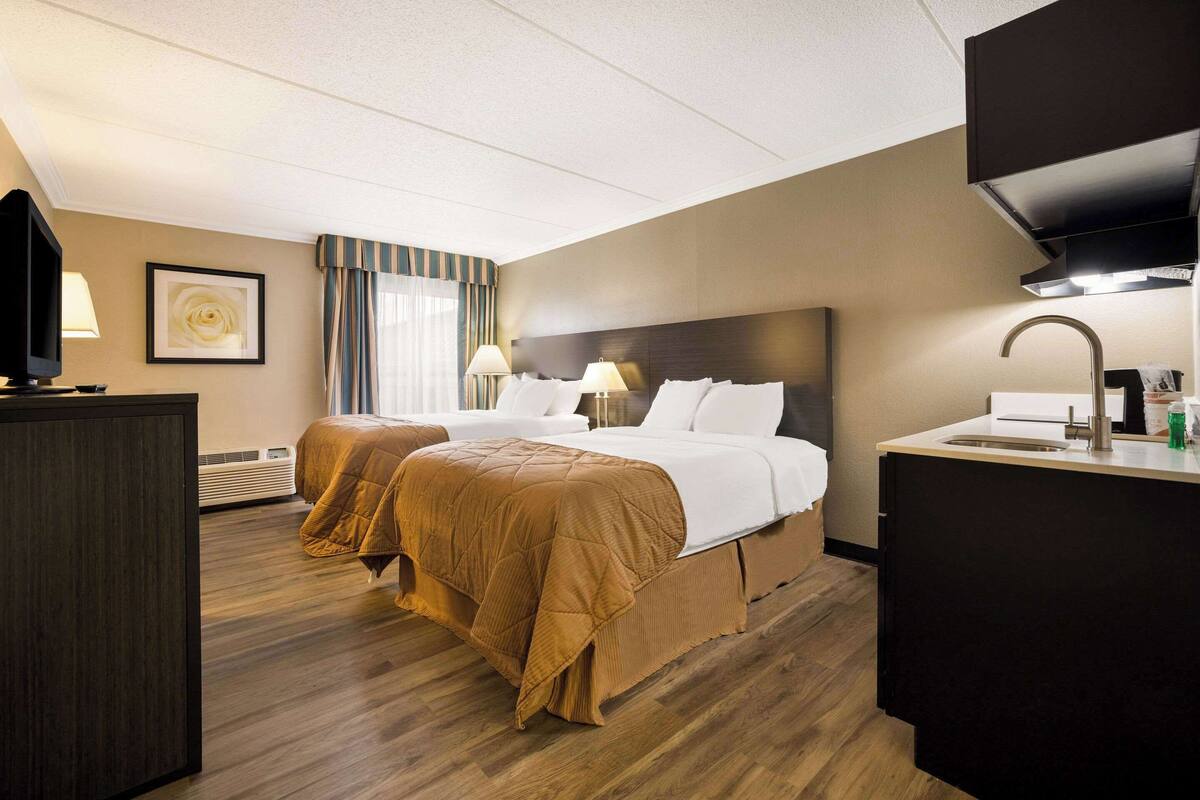 A hotel room with two beds, a desk, a TV, a sink, and a framed picture on the wall.