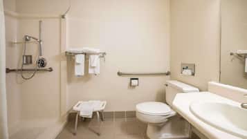 Et standard badeværelse med bruser, toilet og håndvask.
