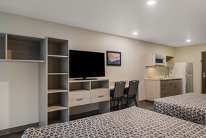 Desk, laptop workspace, blackout curtains, free WiFi