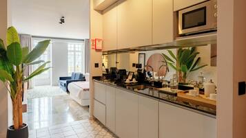 Fridge, microwave, stovetop, espresso maker