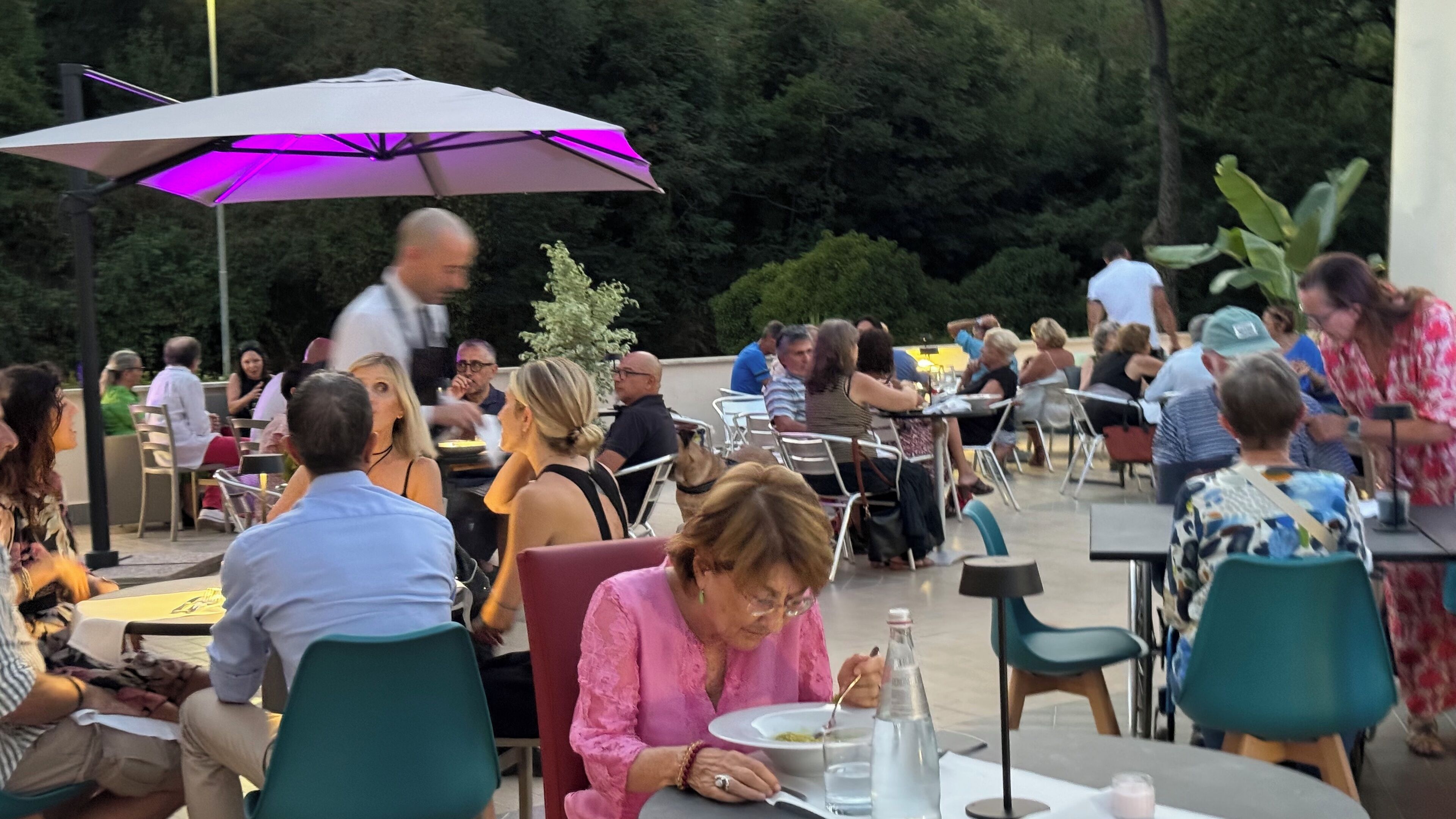 An outdoor dining area with tables and chairs, surrounded by greenery.