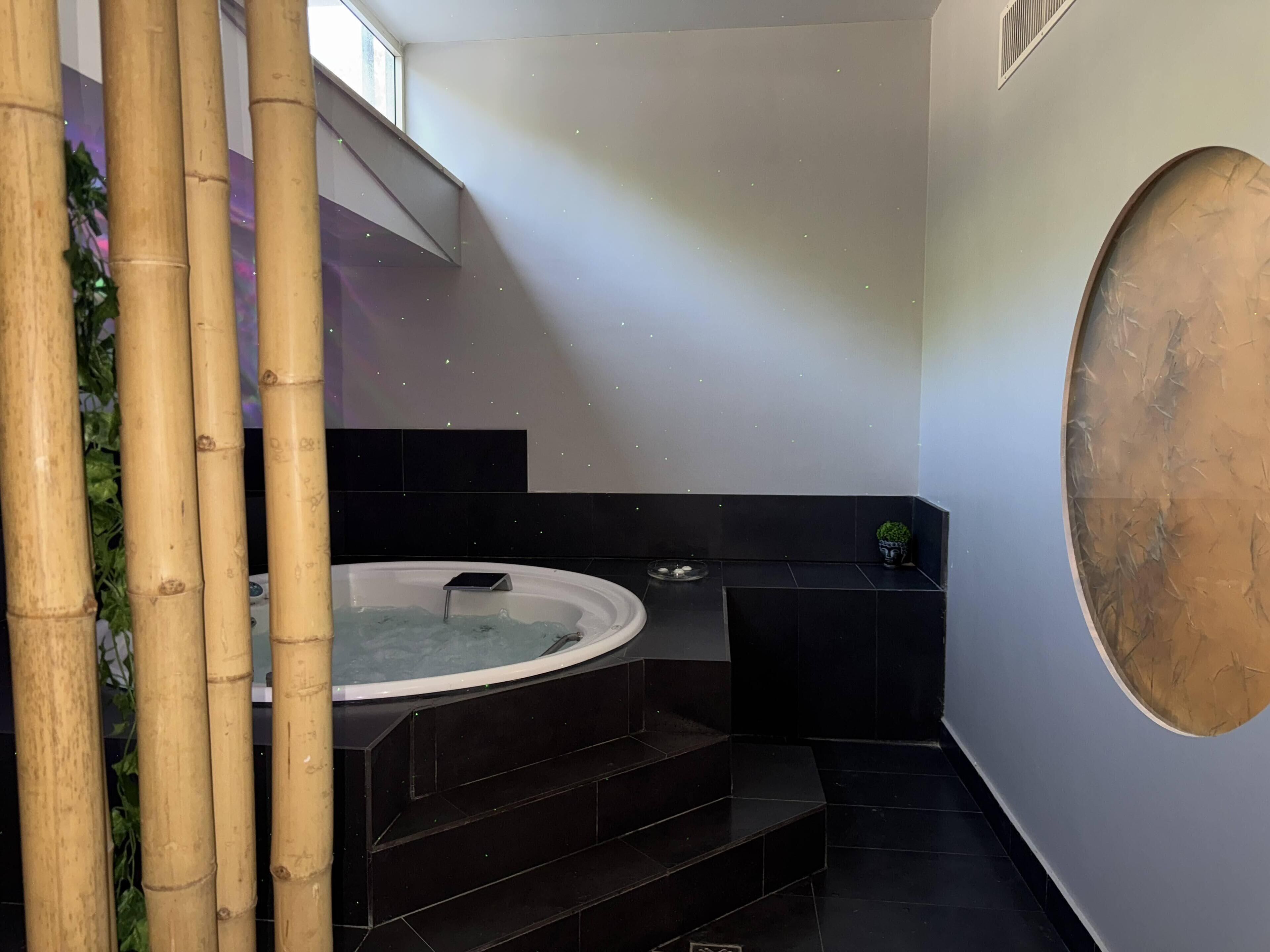 Un baño moderno con una bañera independiente, paredes de azulejos negros y una pequeña planta en maceta.