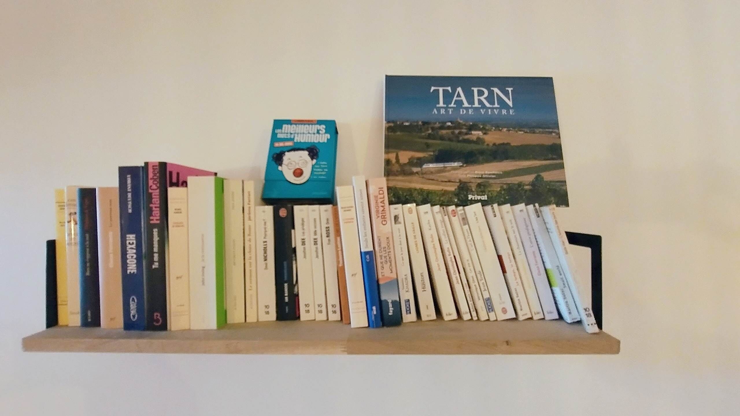 A bookshelf with a variety of books, including a prominent book titled "TARN A BOUT DE VIVRE".