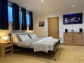 Un dormitorio con cama, mesita de noche, televisor y armario.
