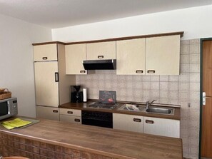A compact kitchen with a microwave, stove, sink, and cabinets. - Large vacation apartment for 2 - 3 persons, 80sqm, 2 bedrooms, covered terrace (Saaldorf-Surheim)