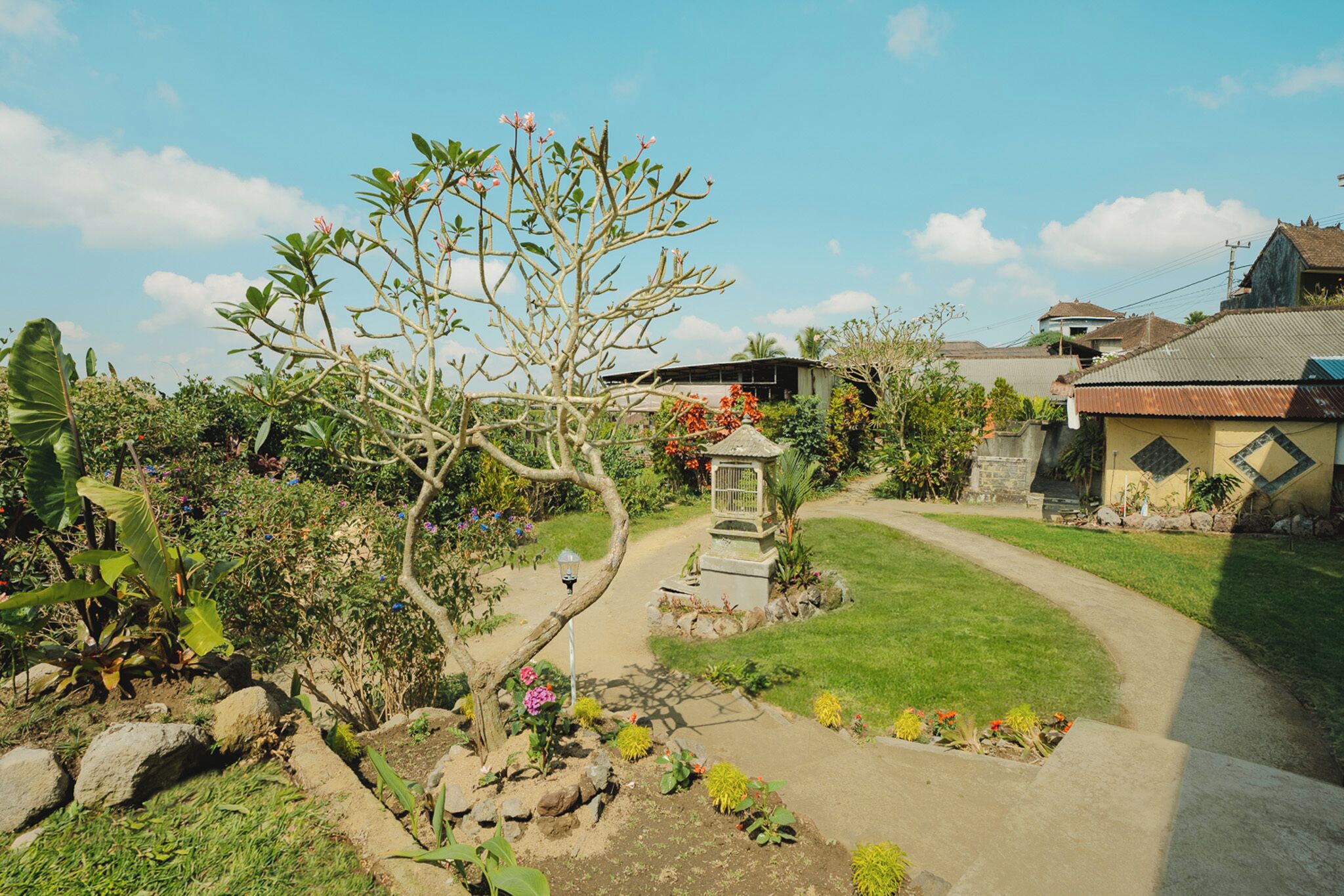 A garden pathway leading to a house with a thatched roof, surrounded by lush greenery and flowering plants.