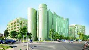 A modern hotel with a unique curved facade, multiple balconies with greenery, and a pedestrian-friendly street in front. - All Suites Appart Hôtel | Noisy-le-Grand (Noisy-le-Grand)