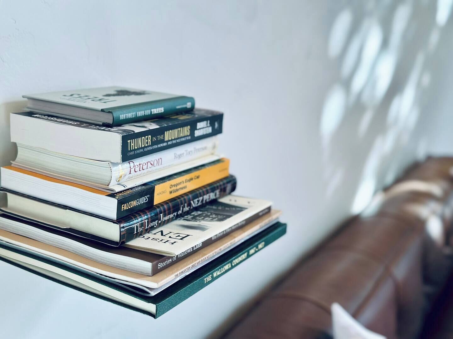 A stack of books on a shelf.