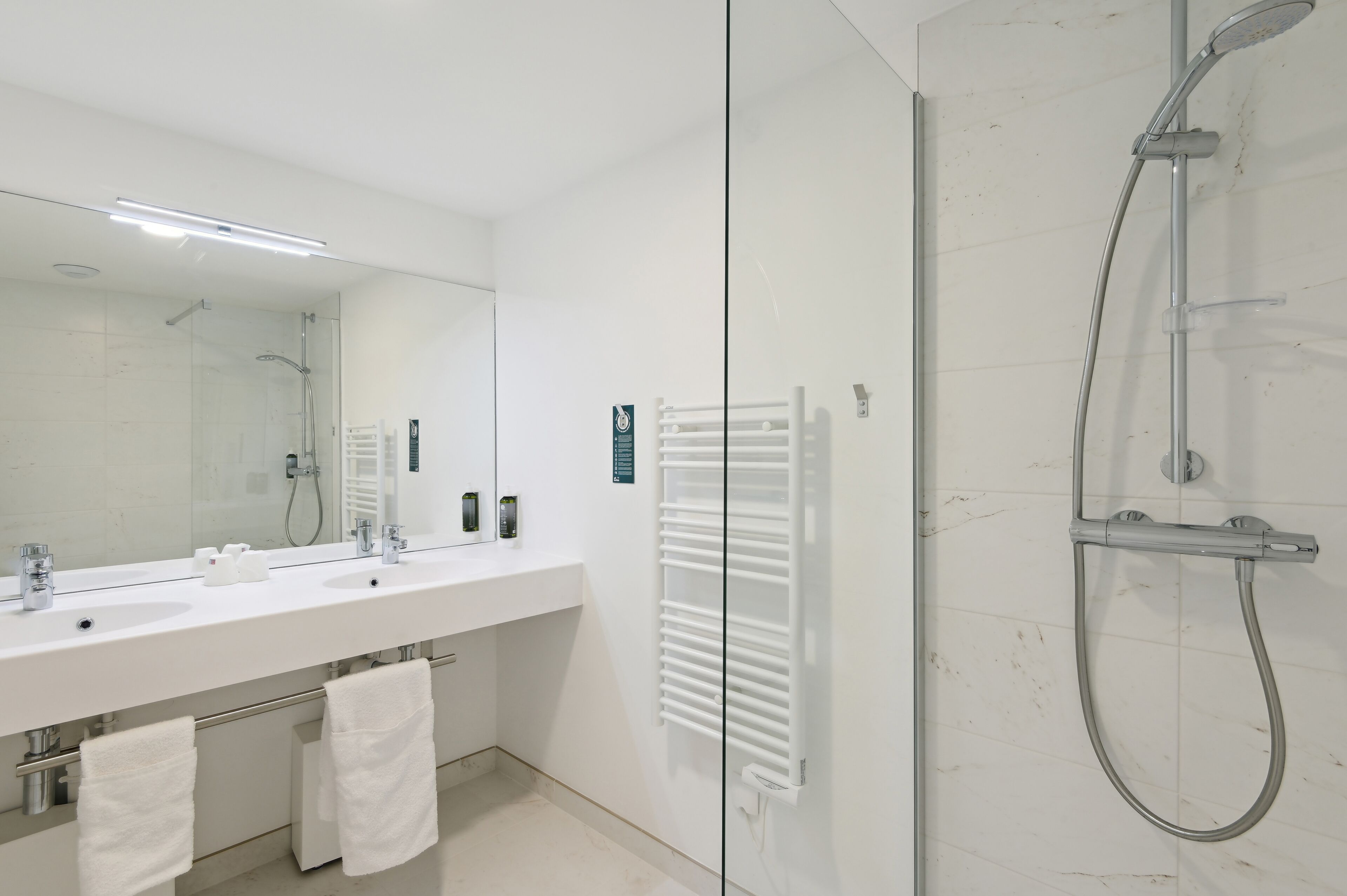 Een moderne badkamer met een douche met glazen wand, een wastafel met twee kommen en een grote spiegel.
