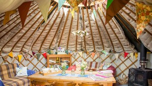 A cozy room with a round wooden table, chairs, a sofa, and a bookshelf. A fireplace is visible in the background. - Mongolian Yurts Fordhall Organic Farm (Market Drayton)