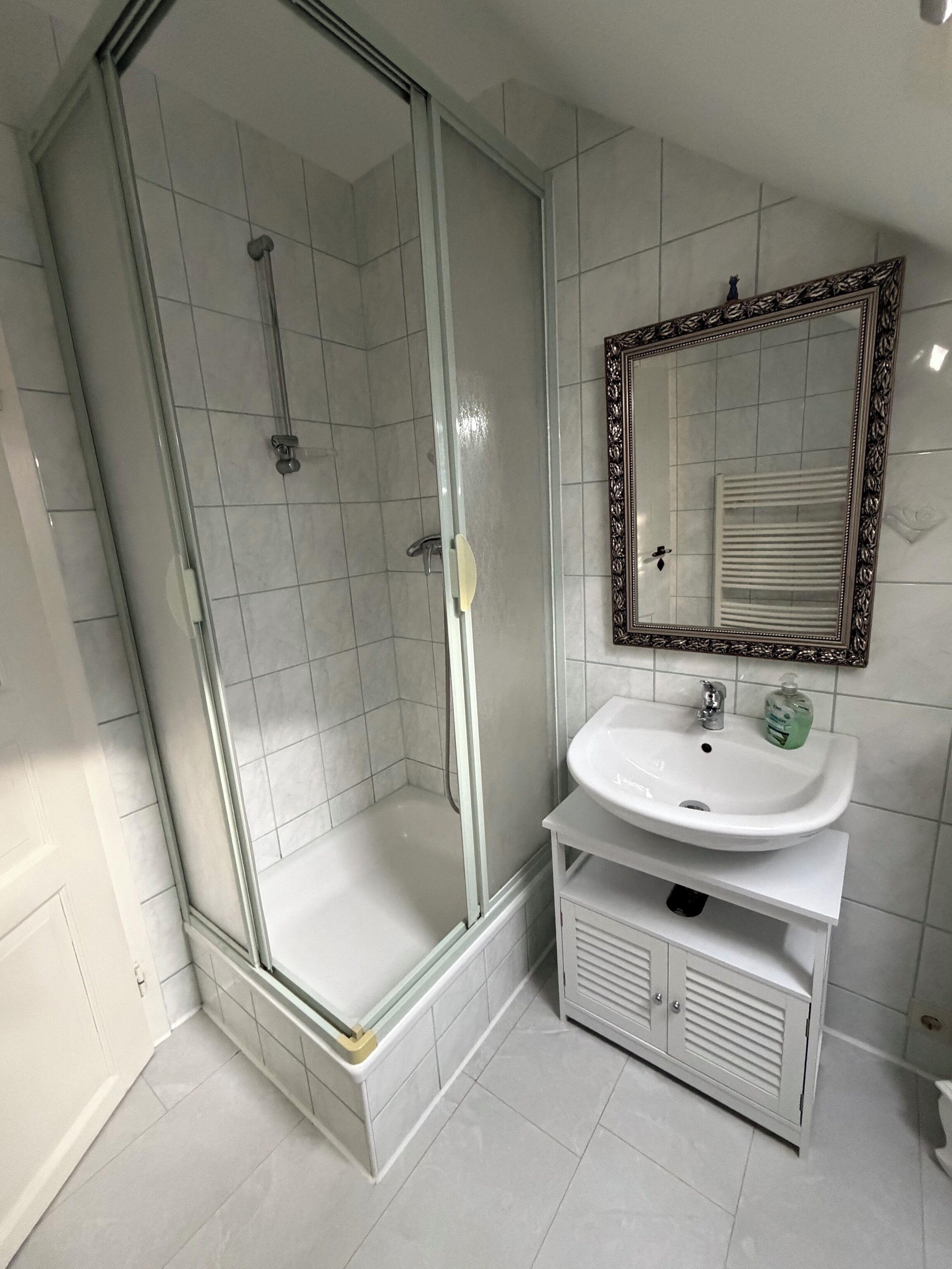 Dusche, Haartrockner, Handtücher, Seife