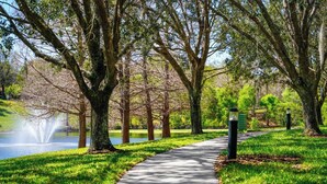 A pathway lined with trees and a fountain, leading to a body of water. - 3BR Condo at Bahama Bay Resort (Davenport)