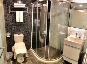 Hydromassage showerhead, hair dryer, slippers, bidet