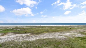Paesaggio costiero con spiaggia sabbiosa, zone verdi e cielo azzurro limpido.