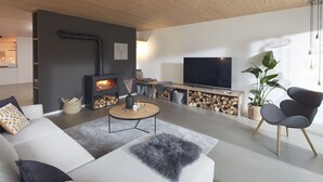 Un salon moderne comprenant un canapé, une table basse, un téléviseur, une cheminée et une plante.