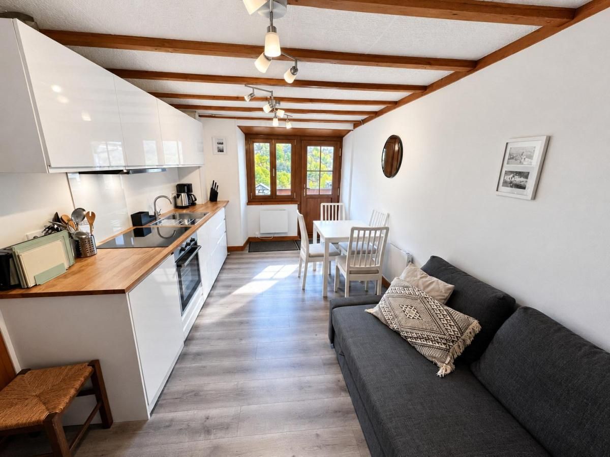 A compact living space with a kitchenette, a dining area, and a sofa.