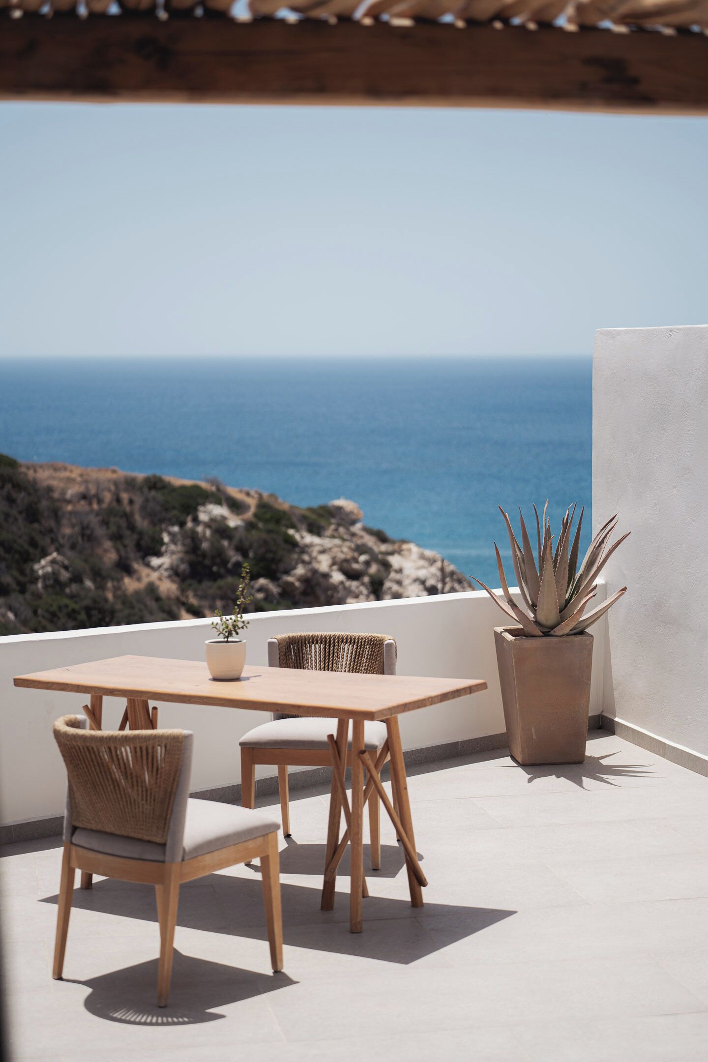 A terrace with a wooden table and chairs, a potted plant, and a view of the sea.