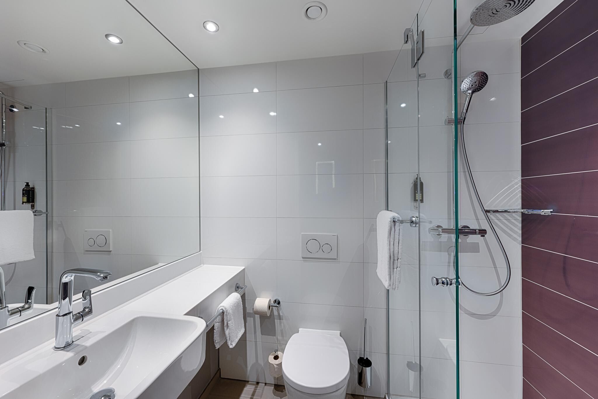 Un baño moderno con cabina de ducha de vidrio, un lavabo blanco y un inodoro.