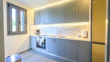 Family House, Multiple Bedrooms (Villa Filokalia With Exceptional View) | Private kitchen | Fridge, microwave, oven, stovetop