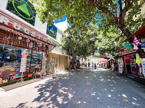 A street with shops, including a pharmacy and a store with a sign that says "El Refugio".