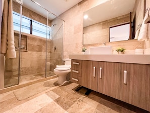 A modern bathroom with a glass-enclosed shower, a toilet, and a vanity with a sink and mirror.