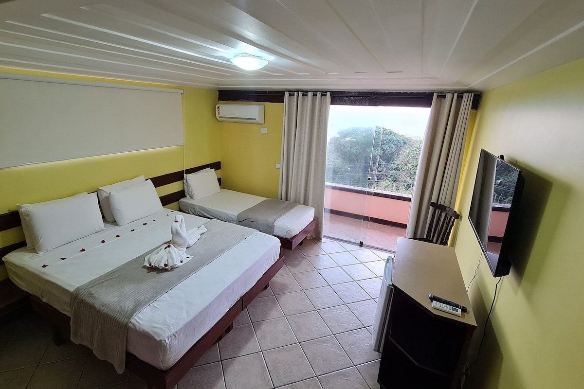 Quarto de hotel com duas camas, televisão de tela plana, ar condicionado e varanda com vista.