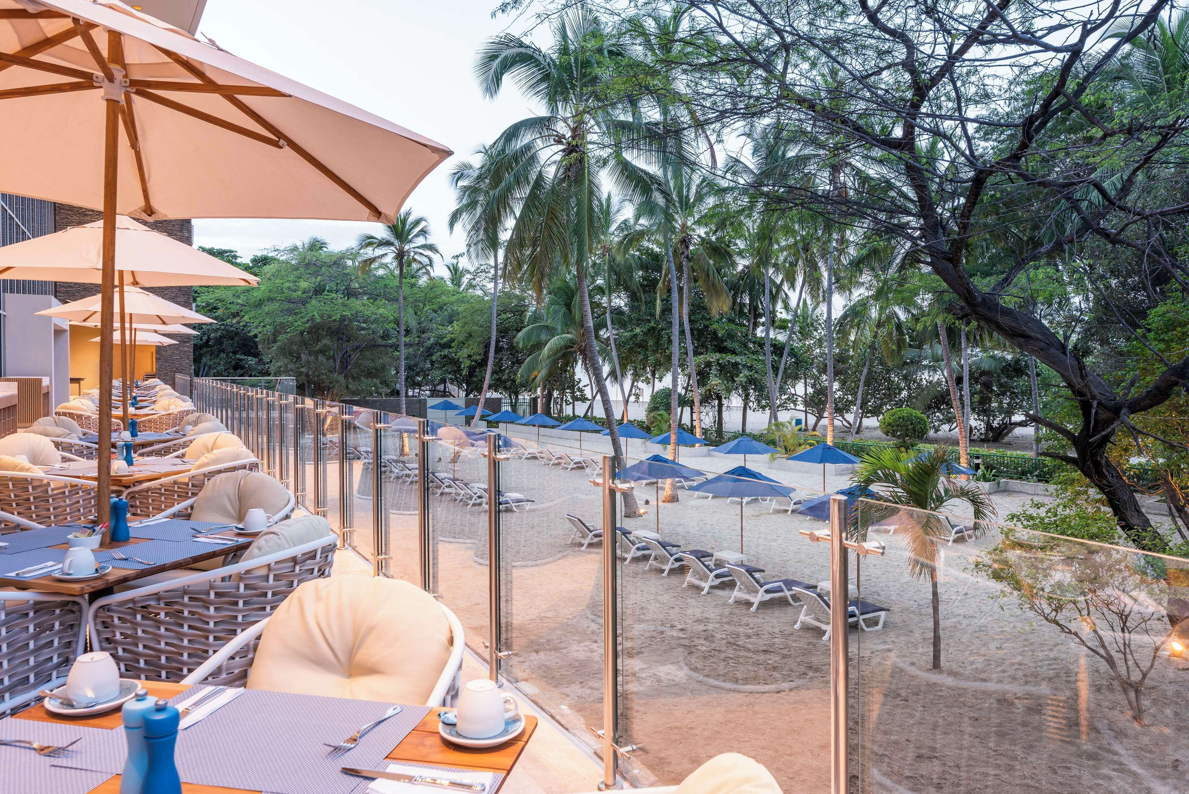 A beachside restaurant with outdoor seating, palm trees, and umbrellas.