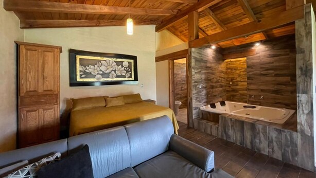 Un dormitorio con cama, sofá, armario de madera, un cuadro enmarcado y una pared de piedra con bañera.
