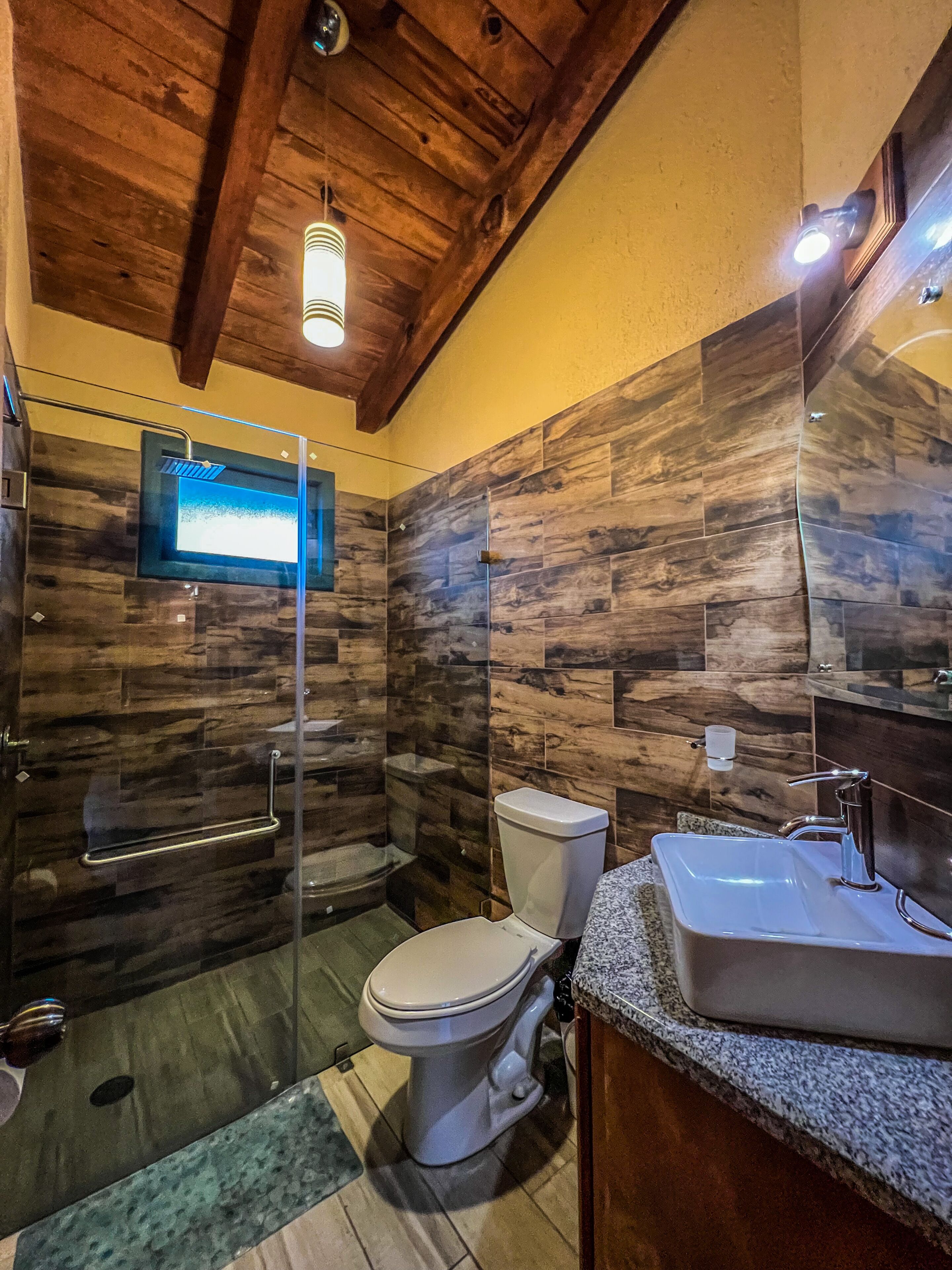 A bathroom with a shower, toilet, and sink, featuring wooden walls and a modern design.