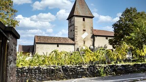 Un bâtiment historique doté d’une tour imposante, de murs en pierre et d’un vignoble en premier plan.