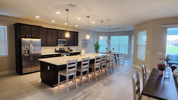 A modern kitchen with a central island, dark cabinets, stainless steel appliances, and pendant lighting. - Villages, 3bed- 2.5ba waterfrnt+ golf cart- all bedrooms have king beds! (Wildwood)