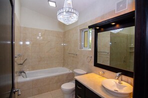 Bathtub, towels, toilet paper