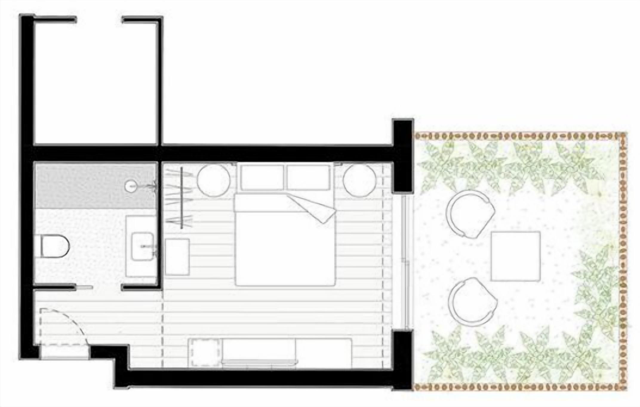 A floor plan of a hotel room with a living area, a separate bathroom, and a balcony with a garden view.