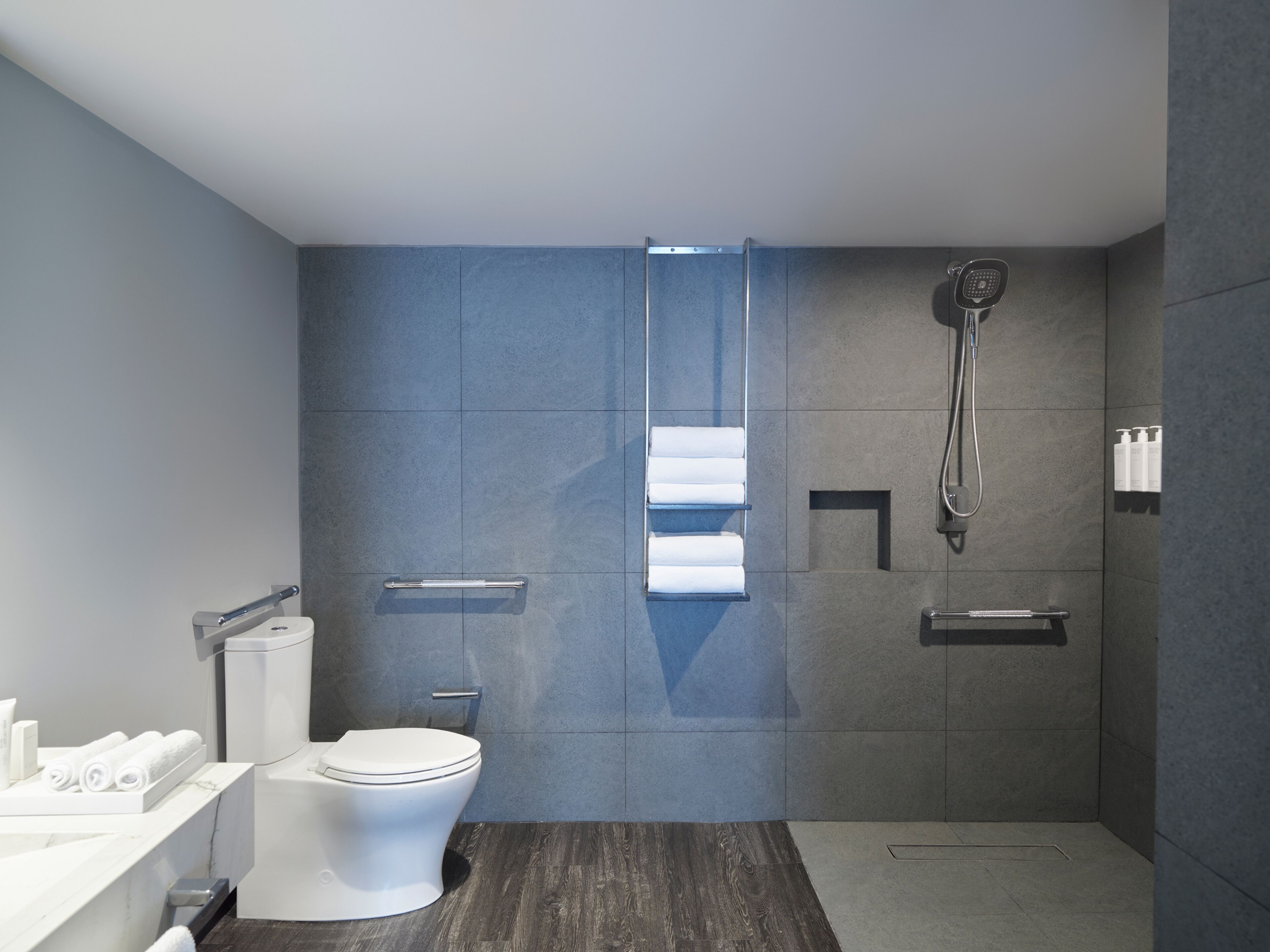 Ein modernes Badezimmer mit Toilette, Dusche und Handtuchhalter.