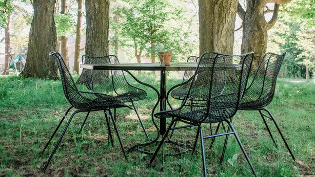 Une table entourée de quatre chaises, située dans un parc, au milieu de grands arbres.