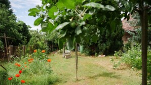 Un jardin avec un banc en bois, une clôture et différentes plantes.