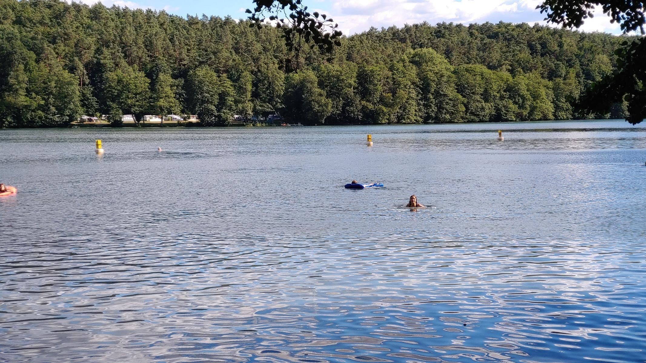 Un lago con gente nadando y flotando, rodeado de un bosque frondoso y un cielo despejado.