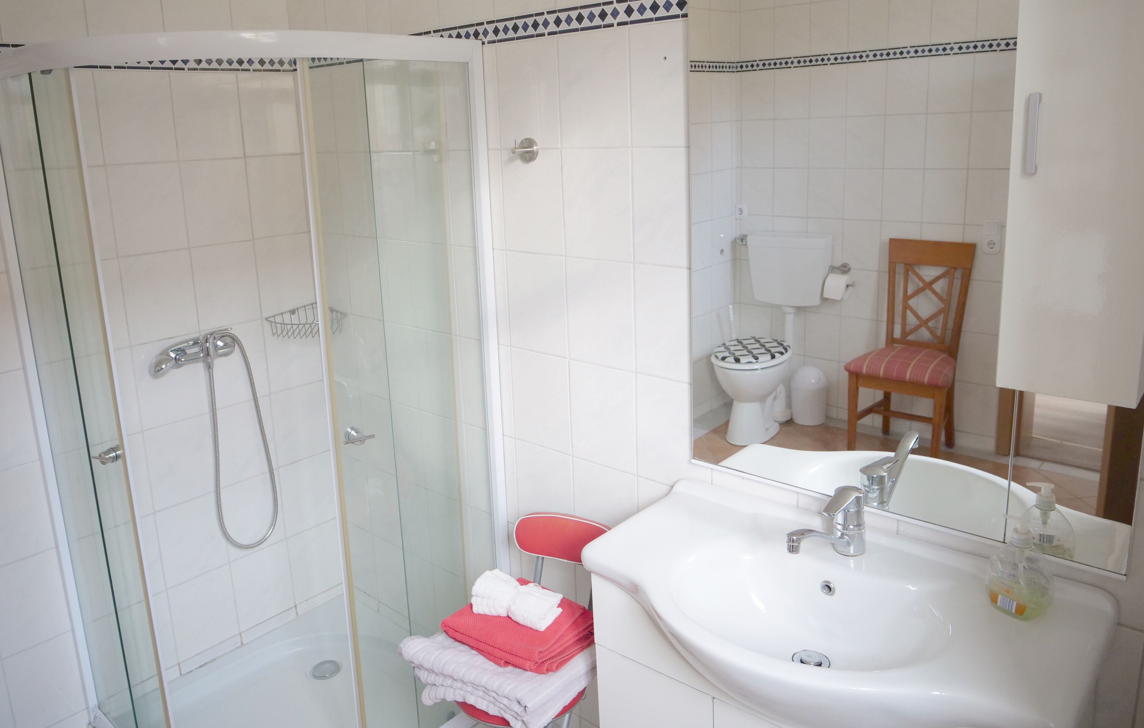 A bathroom with a glass-enclosed shower, a sink with a mirror, and a toilet with a patterned seat.