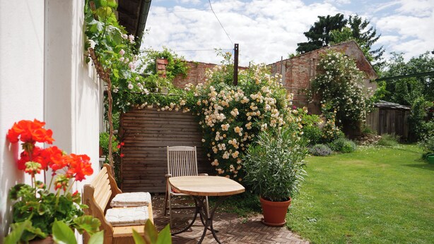 Une terrasse avec un banc et une table en bois, entourée de plantes en pot et d’un mur en briques.