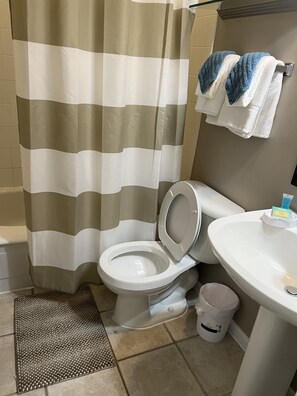 Bathtub, towels, soap, toilet paper